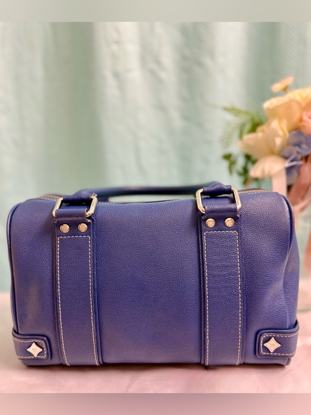 Like New - MCM Blue Leather Boston Satchel - Picture 4 of 8